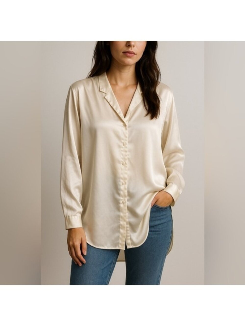 Vintage Crinolines Ivory Satin Button-Front Tunic Blouse — Size L